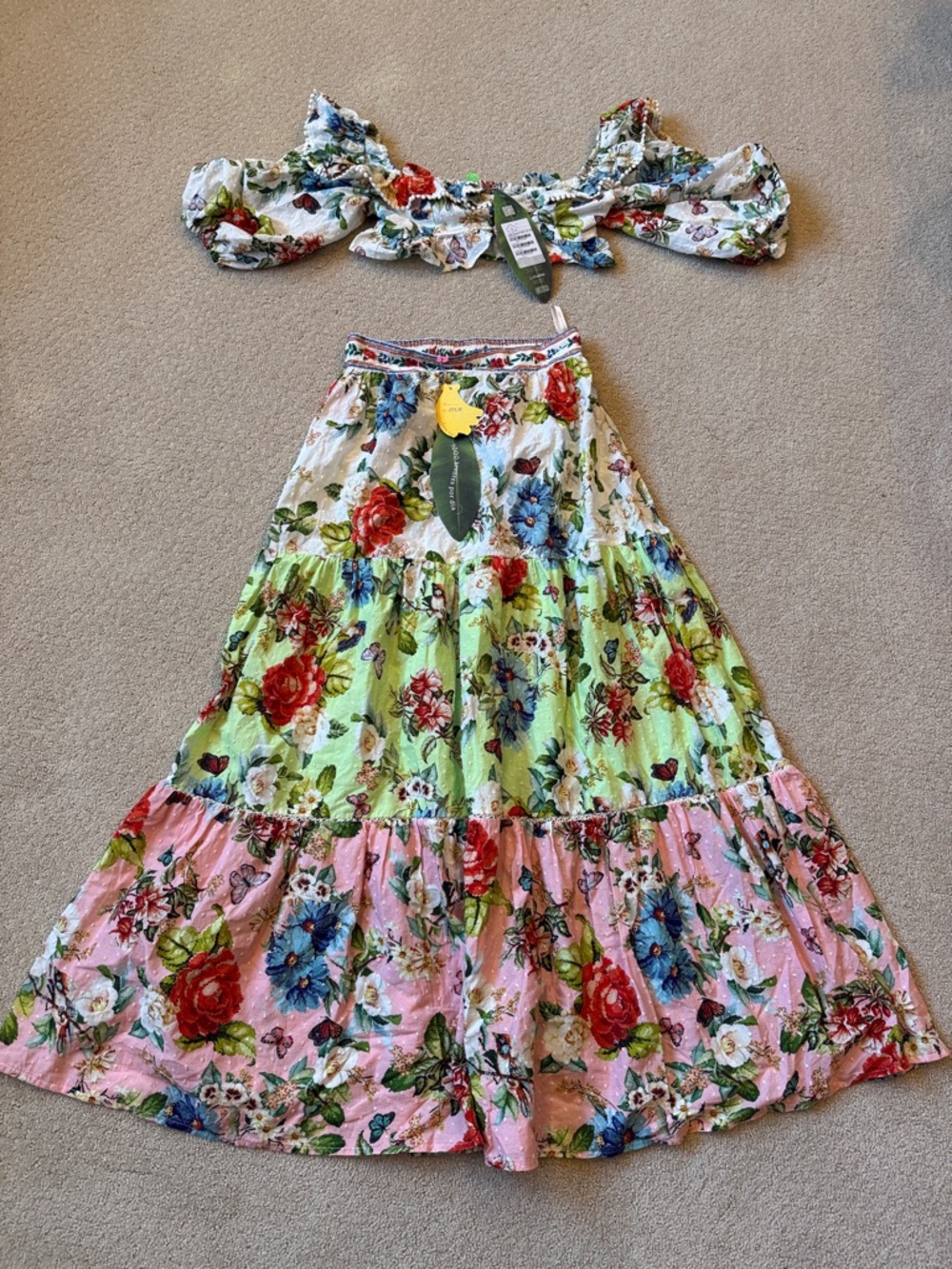 FARM Rio Floral Tiered 2 piece Maxi skirt and top in Pink, Green, White, Blue - Picture 2 of 6